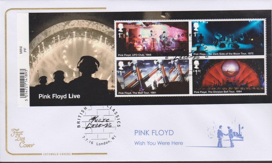 2016 - Pink Floyd, COTSWOLD Minisheet First Day Cover, London W7 Postmark